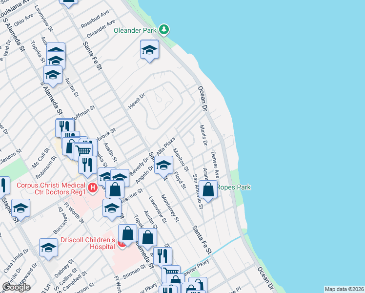 map of restaurants, bars, coffee shops, grocery stores, and more near 3321 San Antonio Street in Corpus Christi