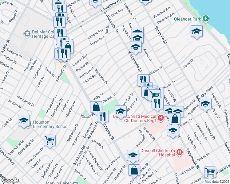 map of restaurants, bars, coffee shops, grocery stores, and more near 634 Mc Clendon Street in Corpus Christi