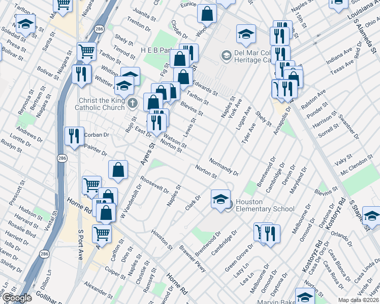 map of restaurants, bars, coffee shops, grocery stores, and more near 233 Clemmer Street in Corpus Christi