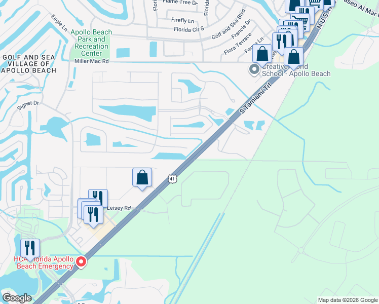 map of restaurants, bars, coffee shops, grocery stores, and more near 204 Mystic Falls Drive in Apollo Beach