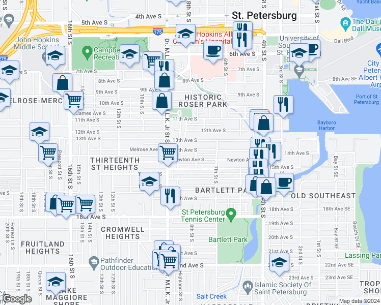 map of restaurants, bars, coffee shops, grocery stores, and more near 820 14th Avenue South in Saint Petersburg