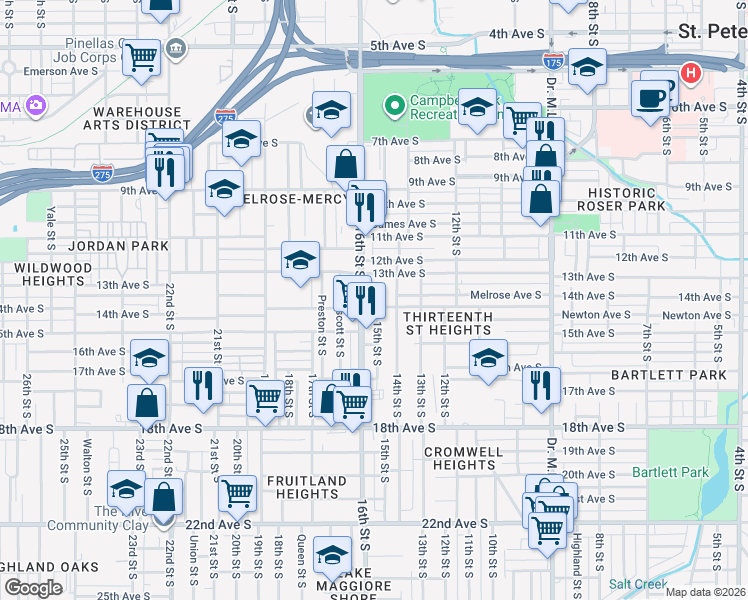 map of restaurants, bars, coffee shops, grocery stores, and more near 1320 16th Street South in St. Petersburg