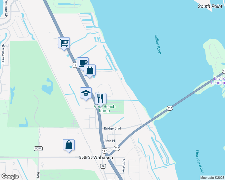 map of restaurants, bars, coffee shops, grocery stores, and more near 9010 44th Avenue in Sebastian