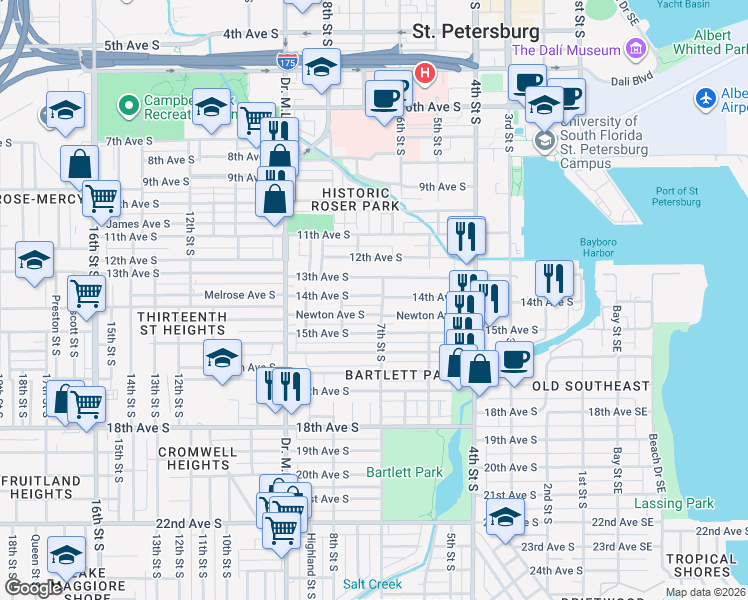 map of restaurants, bars, coffee shops, grocery stores, and more near 712 14th Avenue South in Saint Petersburg
