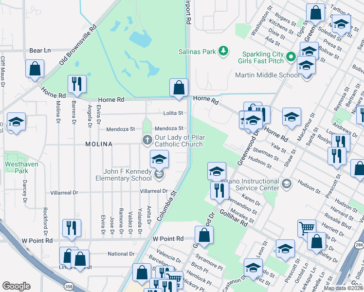 map of restaurants, bars, coffee shops, grocery stores, and more near 1234 Bloomington Street in Corpus Christi