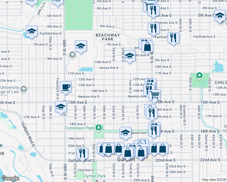 map of restaurants, bars, coffee shops, grocery stores, and more near 5302 13th Avenue South in Gulfport