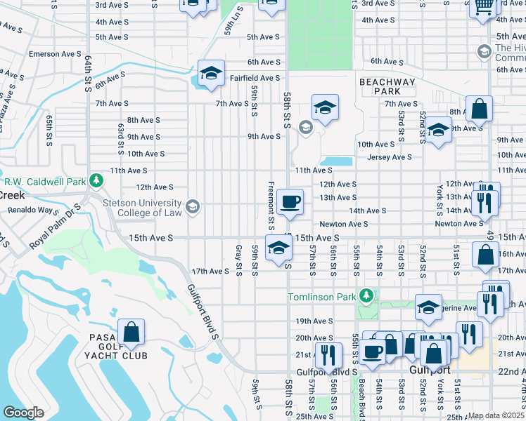 map of restaurants, bars, coffee shops, grocery stores, and more near 5819 13th Avenue South in Gulfport