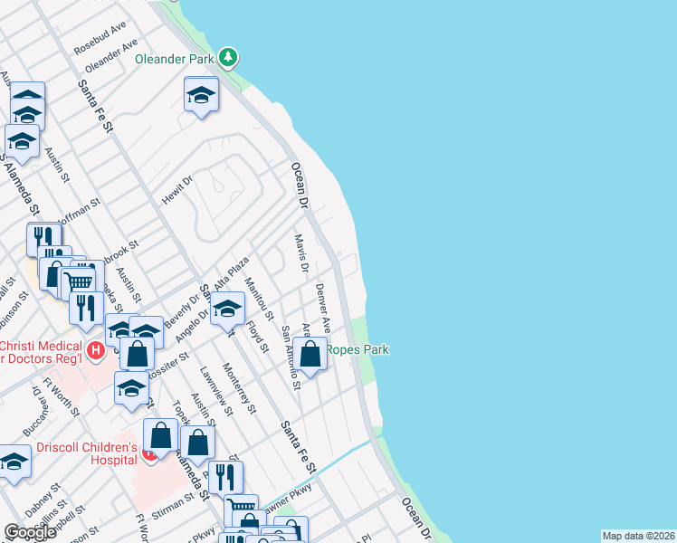 map of restaurants, bars, coffee shops, grocery stores, and more near 3360 Ocean Drive in Corpus Christi