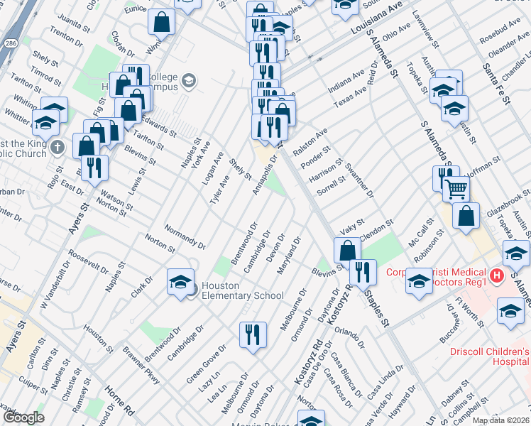 map of restaurants, bars, coffee shops, grocery stores, and more near 1213 Cambridge Drive in Corpus Christi