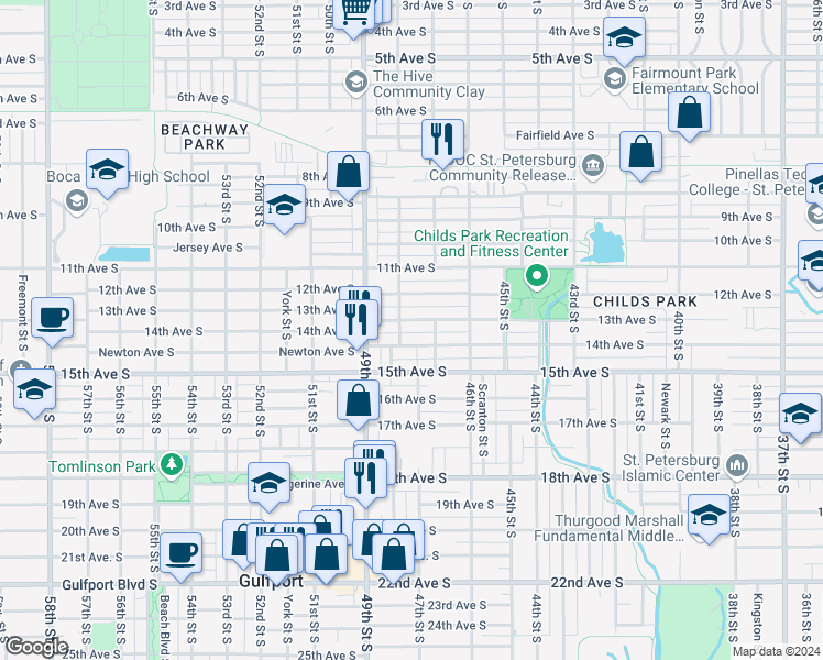 map of restaurants, bars, coffee shops, grocery stores, and more near 4718 13th Avenue South in Saint Petersburg