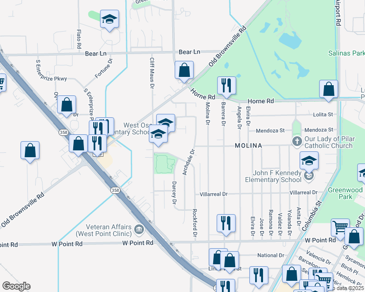 map of restaurants, bars, coffee shops, grocery stores, and more near 5040 Rockford Drive in Corpus Christi