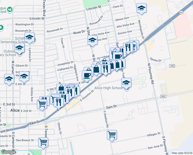 map of restaurants, bars, coffee shops, grocery stores, and more near 1525 East Main Street in Alice