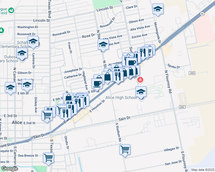 map of restaurants, bars, coffee shops, grocery stores, and more near 1525 Texas 44 in Alice