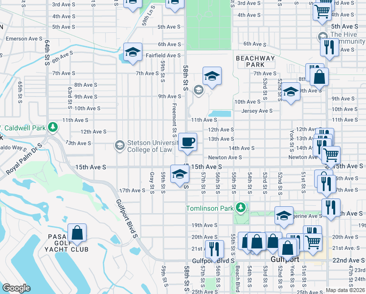 map of restaurants, bars, coffee shops, grocery stores, and more near 5819 13th Avenue South in Gulfport