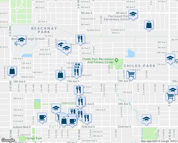 map of restaurants, bars, coffee shops, grocery stores, and more near 4723 13th Avenue South in St. Petersburg