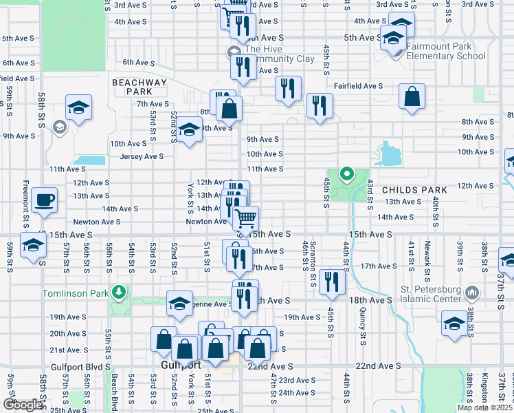 map of restaurants, bars, coffee shops, grocery stores, and more near 4723 13th Avenue South in St. Petersburg