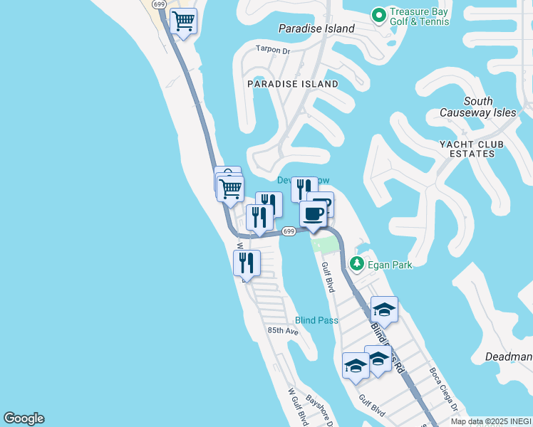 map of restaurants, bars, coffee shops, grocery stores, and more near 9805 Harrell Avenue in Treasure Island