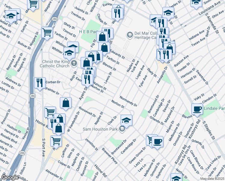 map of restaurants, bars, coffee shops, grocery stores, and more near 233 Clemmer Street in Corpus Christi