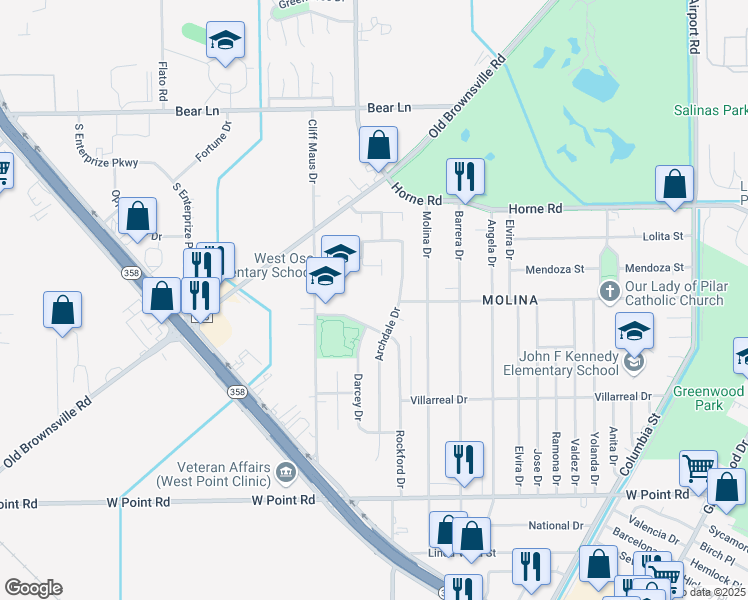 map of restaurants, bars, coffee shops, grocery stores, and more near 5040 Rockford Drive in Corpus Christi