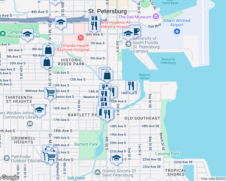 map of restaurants, bars, coffee shops, grocery stores, and more near 330 13th Avenue South in St. Petersburg