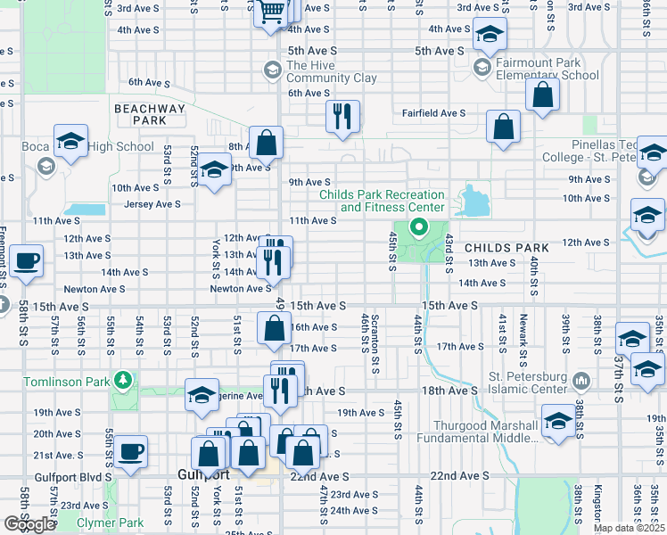 map of restaurants, bars, coffee shops, grocery stores, and more near 4670 13th Avenue South in St. Petersburg