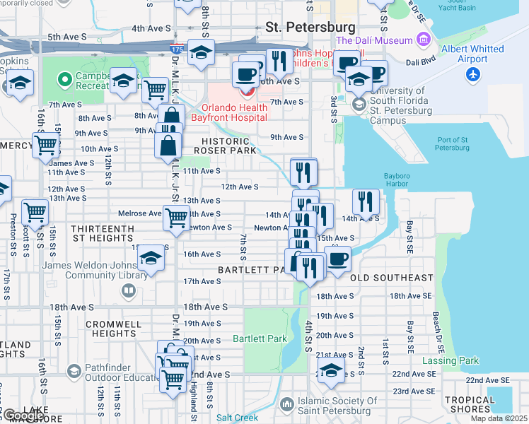 map of restaurants, bars, coffee shops, grocery stores, and more near 622 13th Avenue South in St. Petersburg