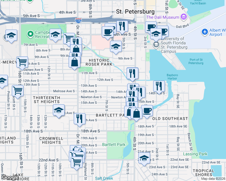 map of restaurants, bars, coffee shops, grocery stores, and more near 622 13th Avenue South in St. Petersburg