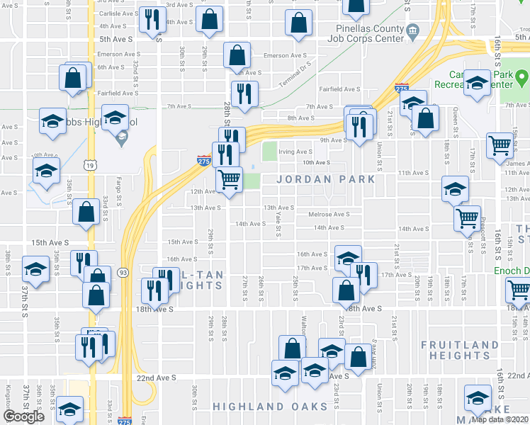 map of restaurants, bars, coffee shops, grocery stores, and more near 1300 26th Street South in St. Petersburg
