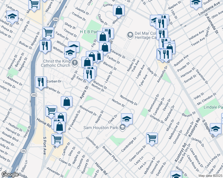 map of restaurants, bars, coffee shops, grocery stores, and more near 233 Clemmer Street in Corpus Christi