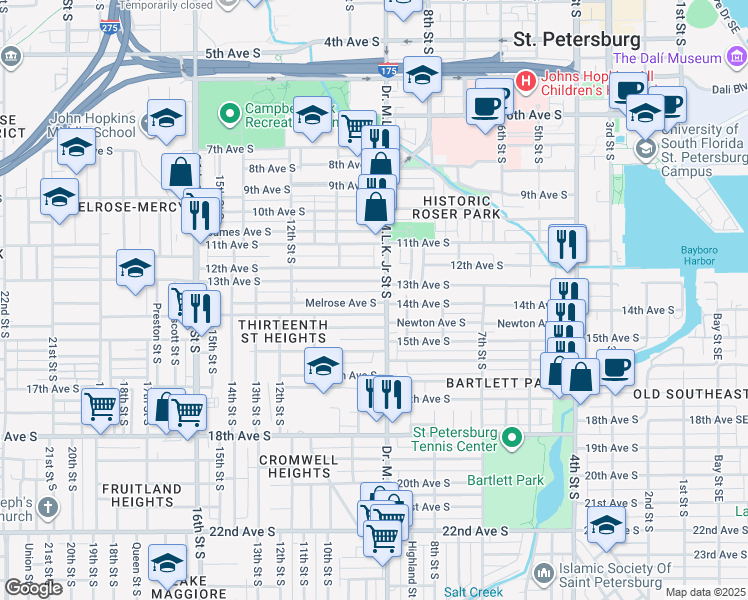 map of restaurants, bars, coffee shops, grocery stores, and more near 921 Melrose Avenue South in St. Petersburg