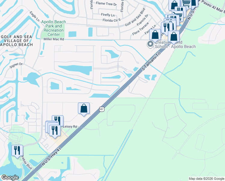 map of restaurants, bars, coffee shops, grocery stores, and more near 203 Mystic Falls Drive in Apollo Beach