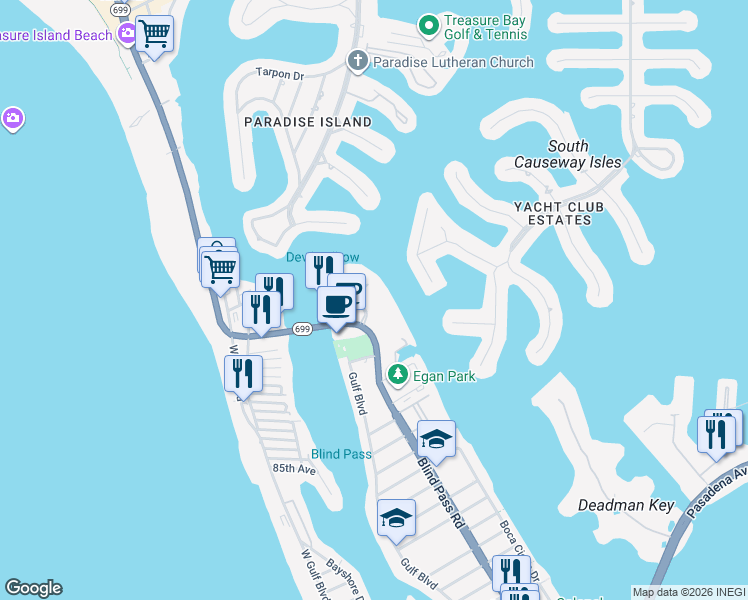 map of restaurants, bars, coffee shops, grocery stores, and more near 9425 Blind Pass Road in St. Pete Beach