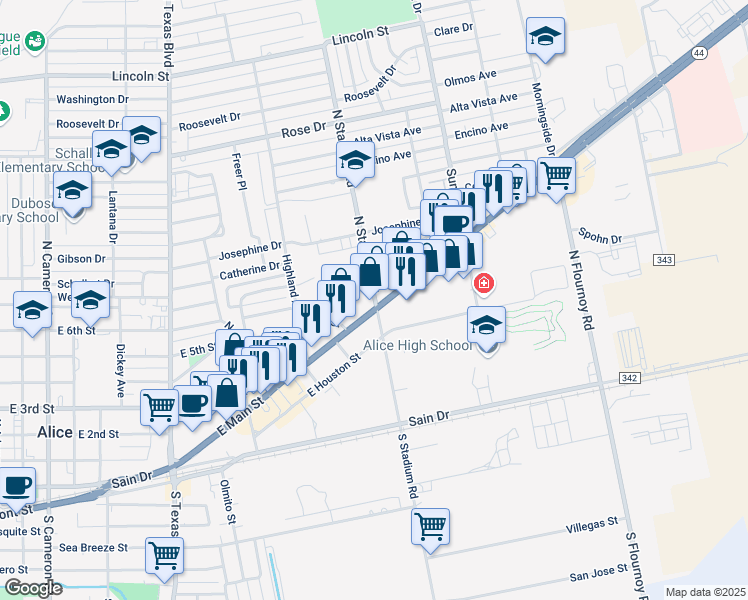 map of restaurants, bars, coffee shops, grocery stores, and more near 1525 Texas 44 in Alice