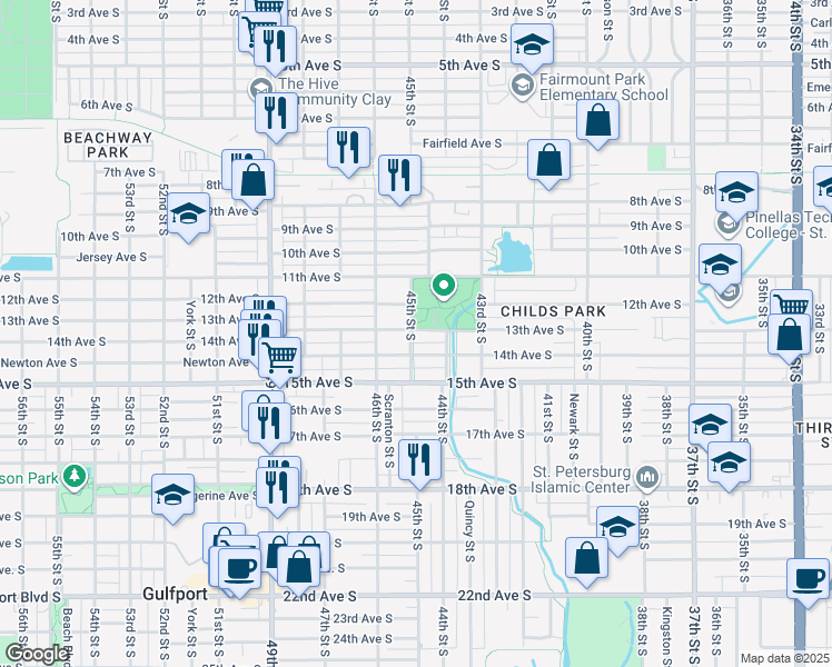 map of restaurants, bars, coffee shops, grocery stores, and more near 4450 13th Avenue South in St. Petersburg