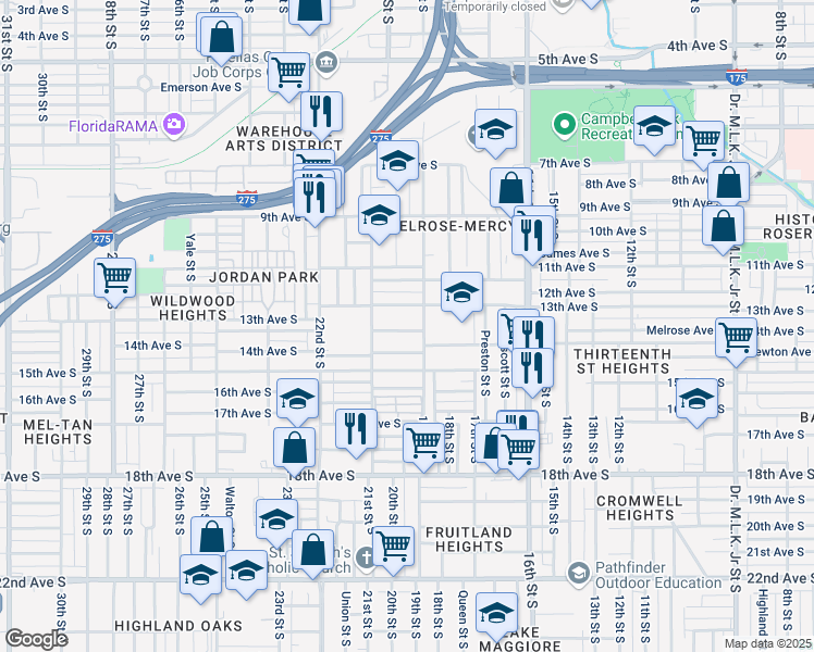 map of restaurants, bars, coffee shops, grocery stores, and more near 1925 Melrose Avenue South in St. Petersburg