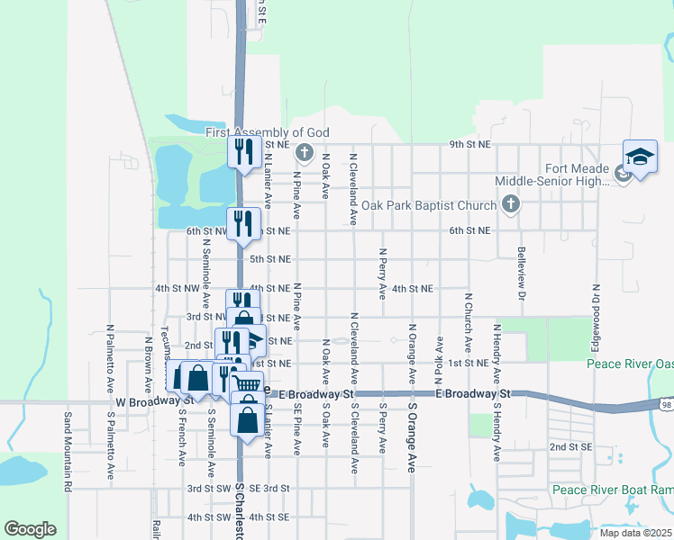 map of restaurants, bars, coffee shops, grocery stores, and more near 424 North Oak Avenue in Fort Meade