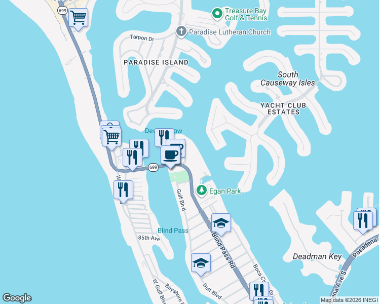 map of restaurants, bars, coffee shops, grocery stores, and more near 9425 Blind Pass Road in St. Pete Beach