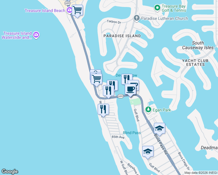 map of restaurants, bars, coffee shops, grocery stores, and more near 9815 Harrell Avenue in Treasure Island