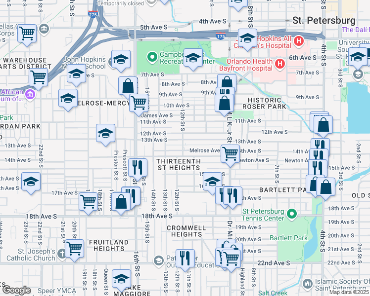 map of restaurants, bars, coffee shops, grocery stores, and more near 1111 Melrose Avenue South in St. Petersburg
