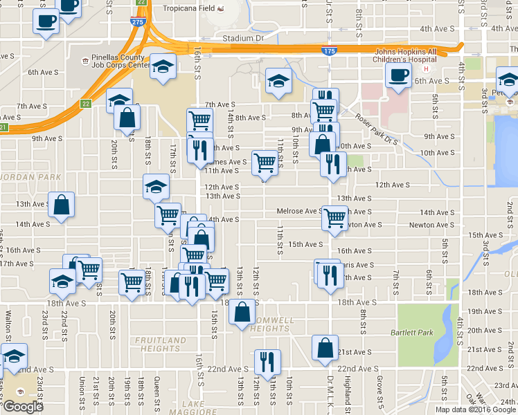 map of restaurants, bars, coffee shops, grocery stores, and more near 1225 Melrose Avenue South in St. Petersburg
