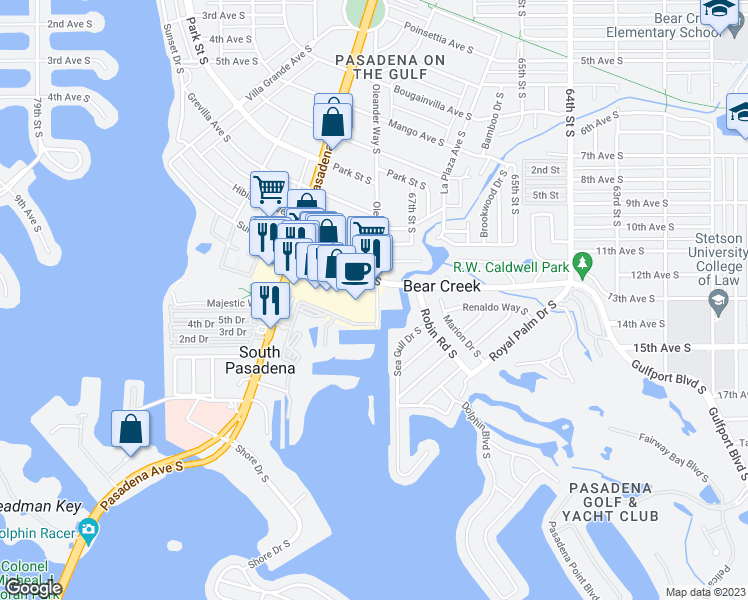 map of restaurants, bars, coffee shops, grocery stores, and more near 6750 Gulfport Boulevard South in South Pasadena