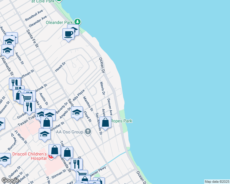 map of restaurants, bars, coffee shops, grocery stores, and more near 3360 Ocean Drive in Corpus Christi