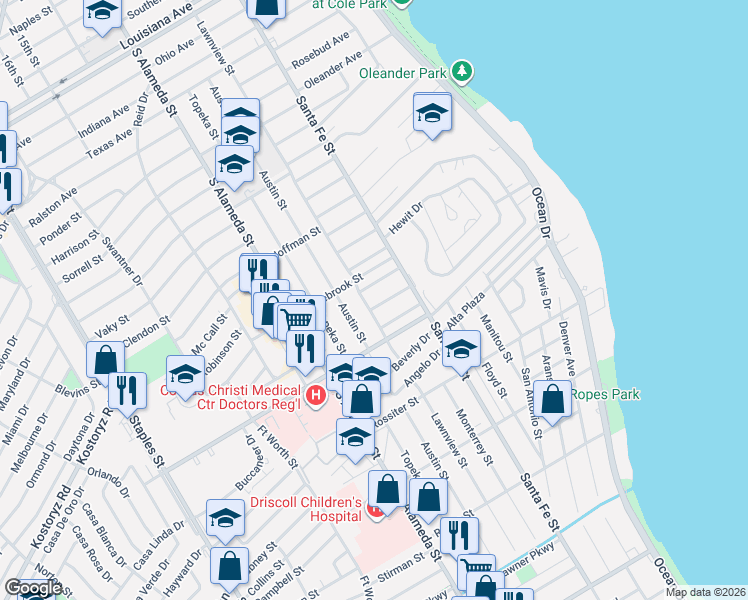 map of restaurants, bars, coffee shops, grocery stores, and more near 322 Camellia Drive in Corpus Christi