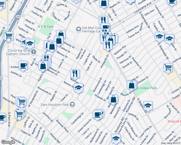 map of restaurants, bars, coffee shops, grocery stores, and more near 1241 Florida Avenue in Corpus Christi