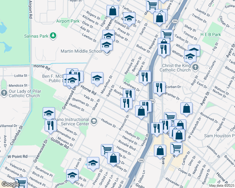 map of restaurants, bars, coffee shops, grocery stores, and more near 1813 Roslyn Street in Corpus Christi