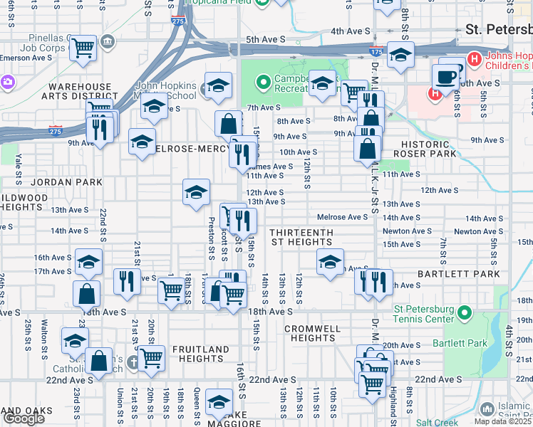 map of restaurants, bars, coffee shops, grocery stores, and more near 1333 Melrose Avenue South in St. Petersburg