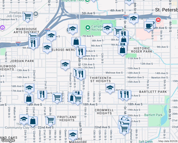 map of restaurants, bars, coffee shops, grocery stores, and more near 1333 Melrose Avenue South in St. Petersburg
