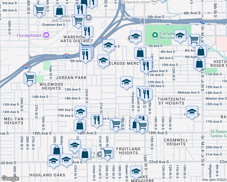 map of restaurants, bars, coffee shops, grocery stores, and more near 1911 Melrose Avenue South in St. Petersburg