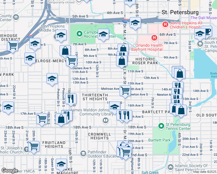 map of restaurants, bars, coffee shops, grocery stores, and more near 1021 Melrose Avenue South in Saint Petersburg