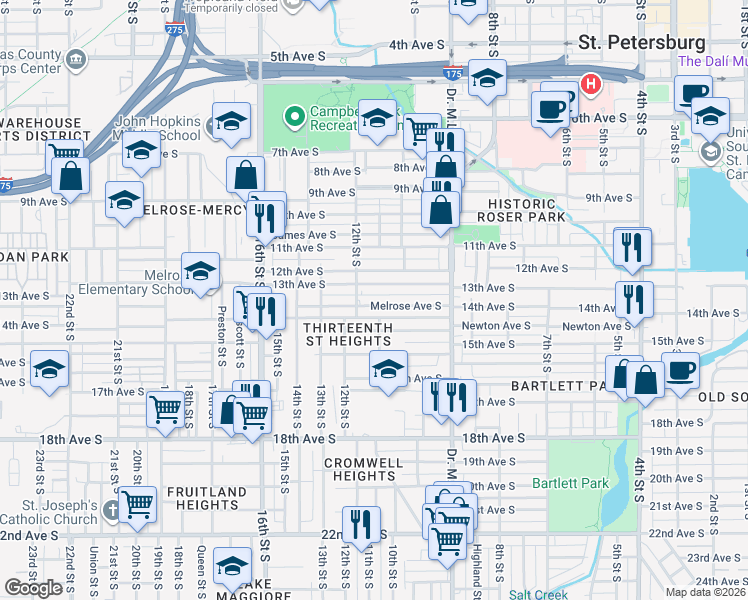 map of restaurants, bars, coffee shops, grocery stores, and more near 1111 Melrose Avenue South in St. Petersburg